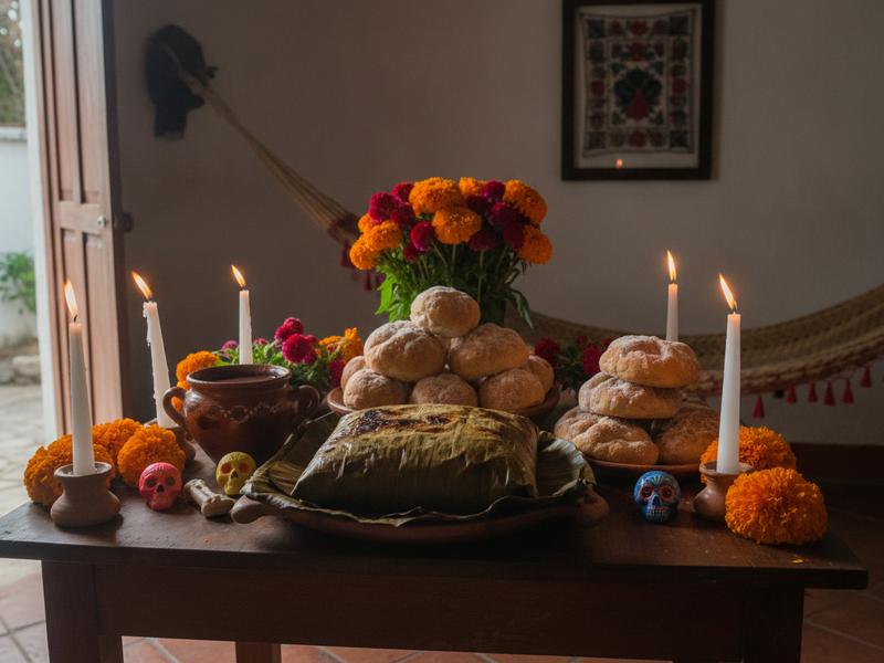 Wrapped mucbipollo placed near candles and flowers for a Hanal Pixán altar