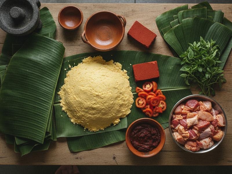 Corn masa, banana leaves, tomato, achiote, chicken, and pork prepared for mucbipollo
