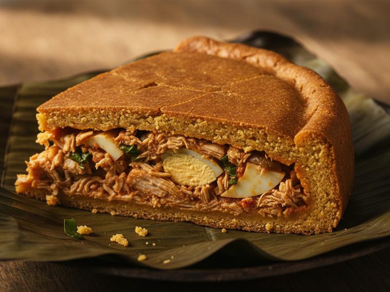 Open slice of mucbipollo showing corn masa and seasoned meat filling
