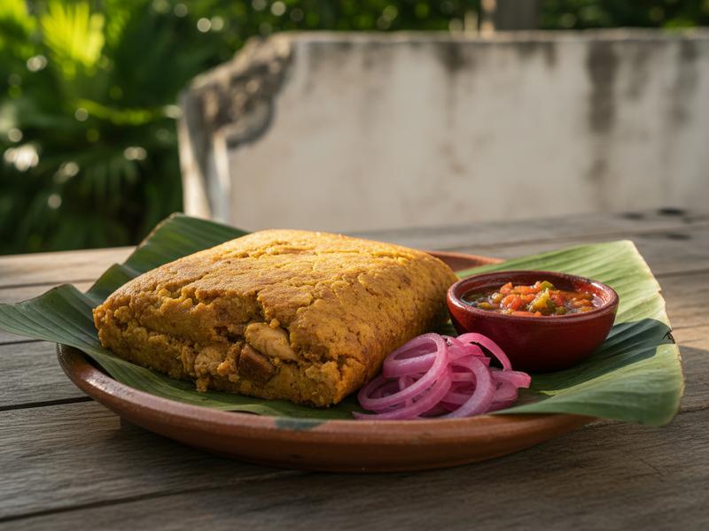 Mucbipollo portion served on banana leaf with pickled onion and salsa