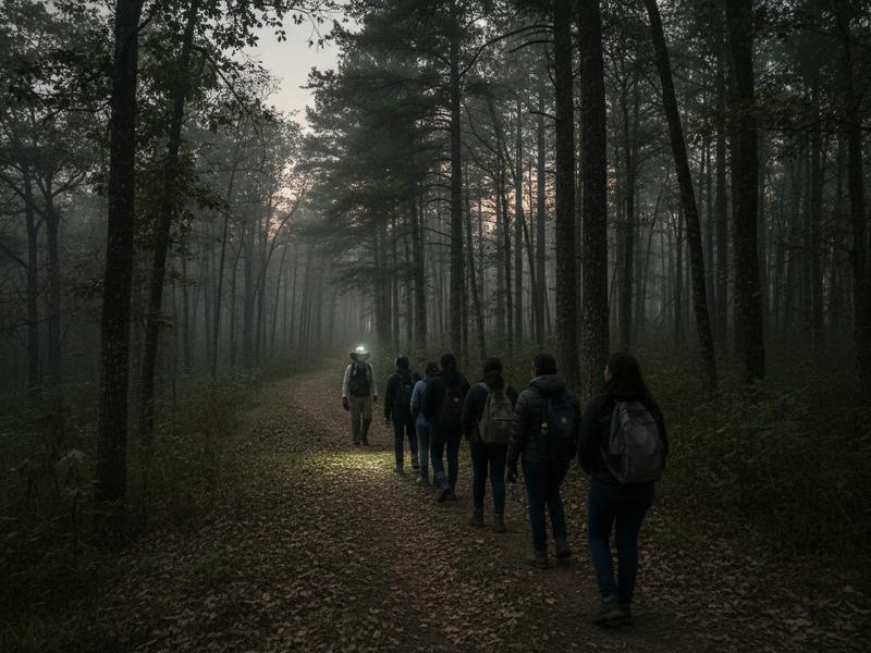 Visitors walking quietly on a dark Nanacamilpa forest trail with a local ranger