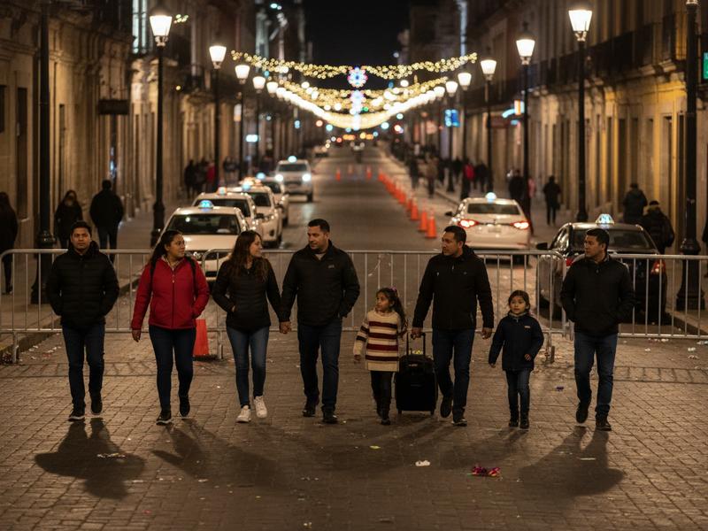 Travelers walking on a closed Mexican city street after a New Year’s Eve public event