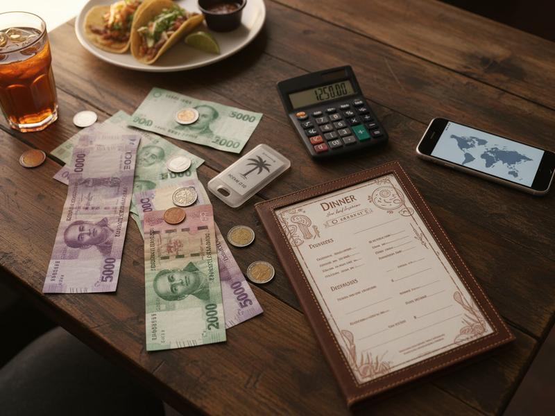 Mexican pesos hotel key dinner menu and phone arranged for a New Year’s trip budget