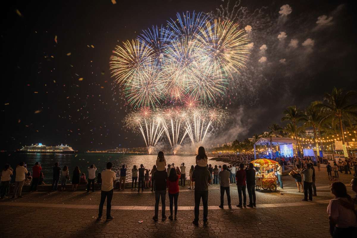 Fireworks over a Mexican waterfront during New Year’s Eve celebrations