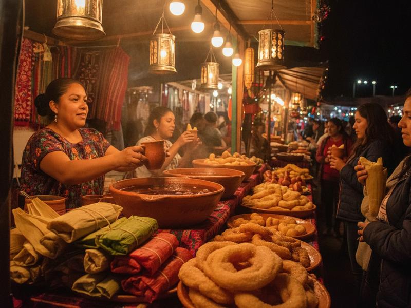 Oaxaca Christmas market food with buñuelos, tamales, and ponche