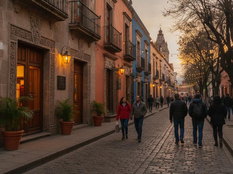Central Oaxaca street near small hotels during December travel season