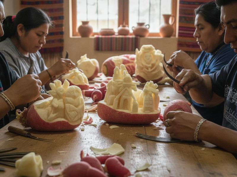 Oaxacan artisans carving large radishes for the December festival