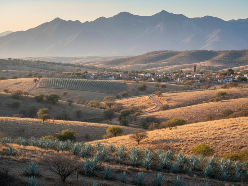Dry season Oaxaca valley landscape with agave fields and mountains
