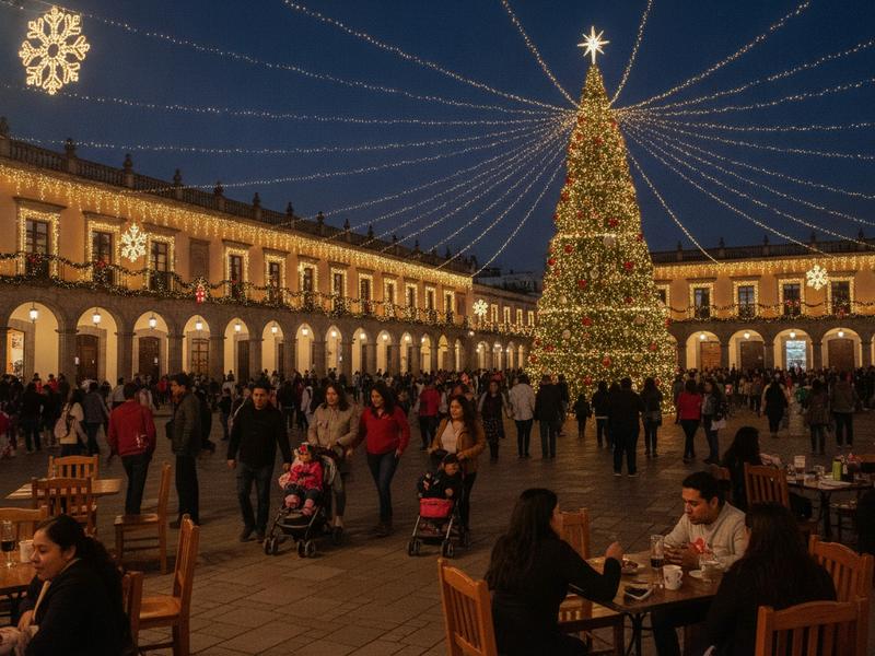 Oaxaca Zocalo decorated for Christmas with evening crowds