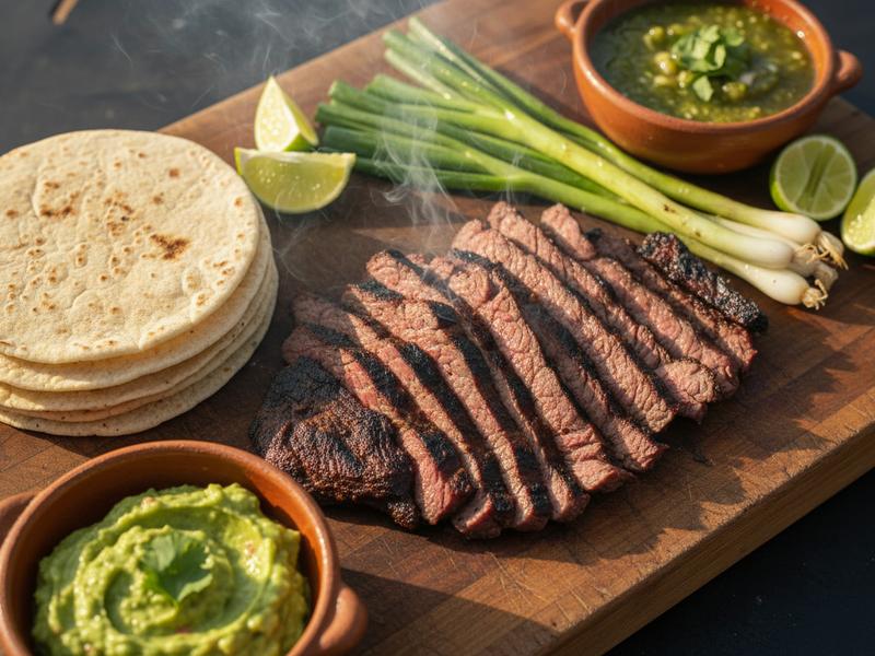 traditional northern mexican carne asada grilled beef with flour tortillas and grilled onions
