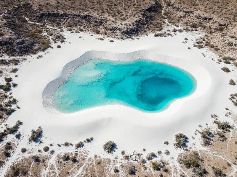 turquoise blue pools of cuatro cienegas desert oasis surrounded by white gypsum dunes in coahuila