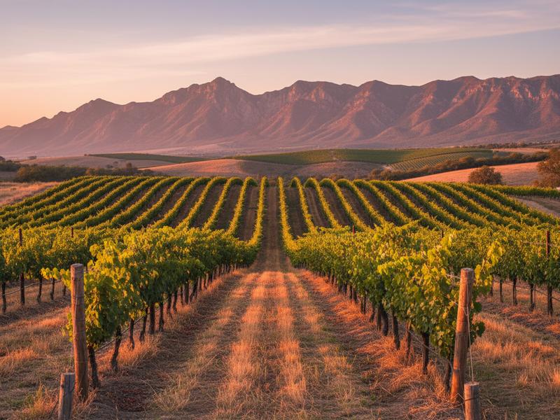rows of grapevines in valle de guadalupe wine country at golden hour with mountains in background