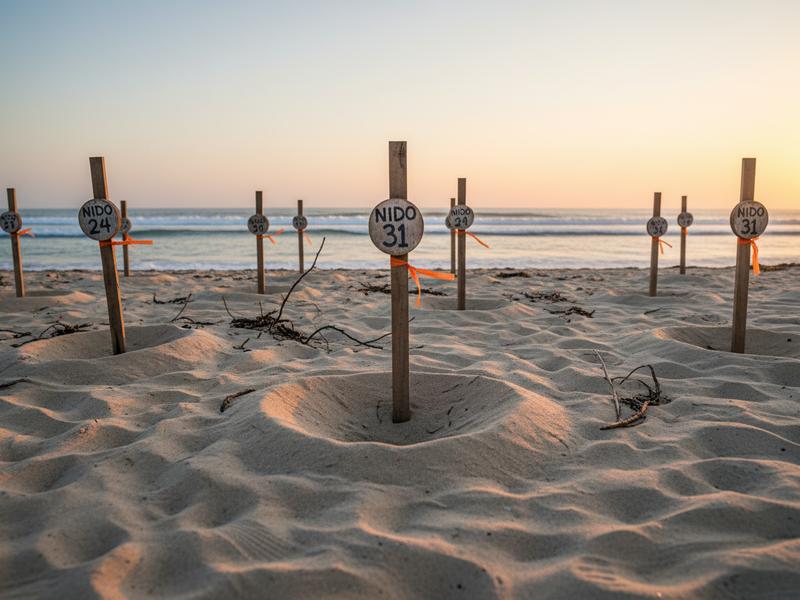 Protected turtle nest markers in sand on Oaxaca beach at dawn