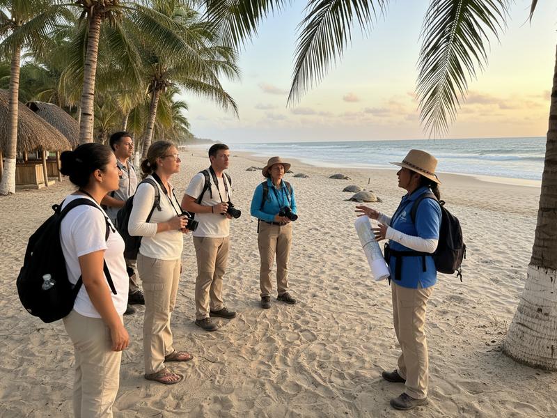 Local conservation leader briefing travelers before an Oaxaca coast turtle walk
