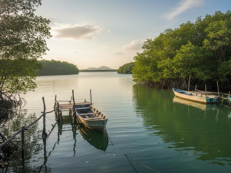 Small boats along Mecoacán Lagoon near Puerto Ceiba under heavy coastal humidity