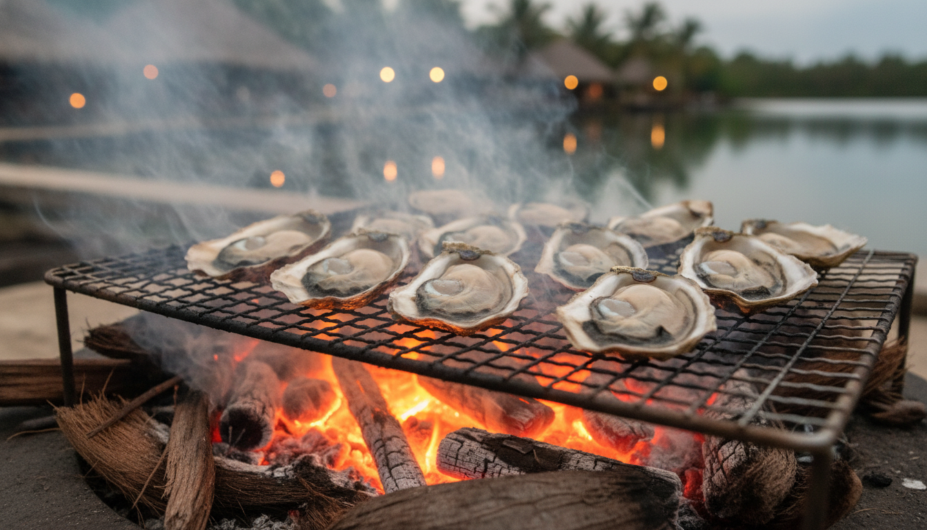 Fresh oysters cooked al tapesco style over wood fire in Paraiso Tabasco