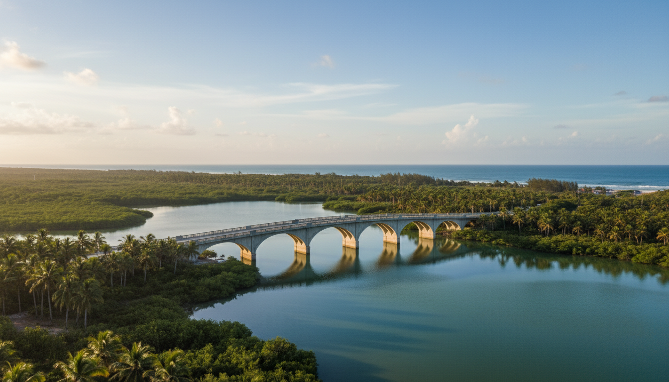 Scenic view of the coastal bridge in Paraiso Tabasco connecting the mainland to the coast