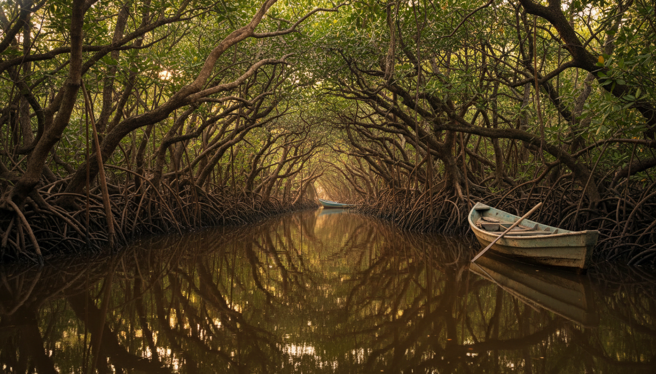 Red mangrove tunnel with calm reflective water in Puerto Ceiba Tabasco