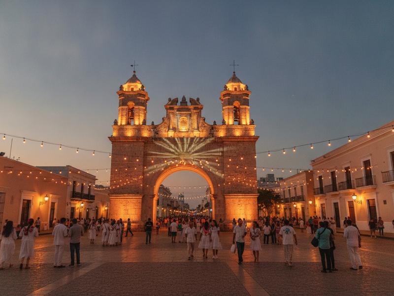 Arco de San Juan and surrounding Mérida streets illuminated in the evening
