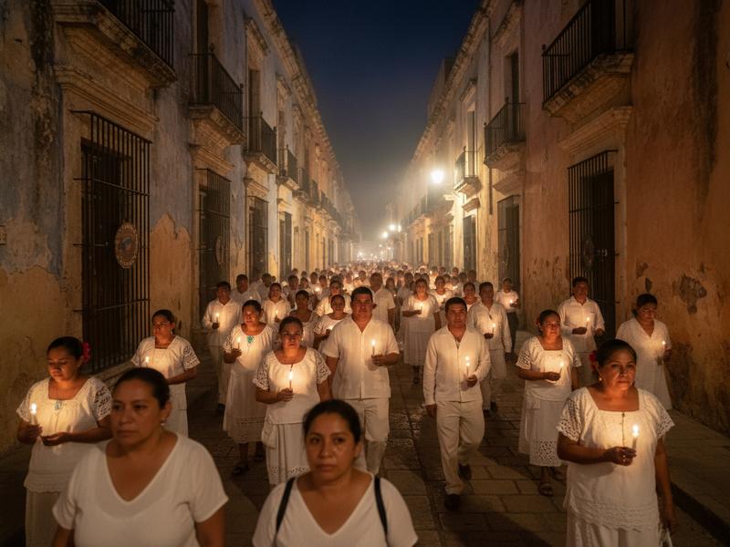 Candlelit performers walking at night during Mérida's Paseo de las Ánimas