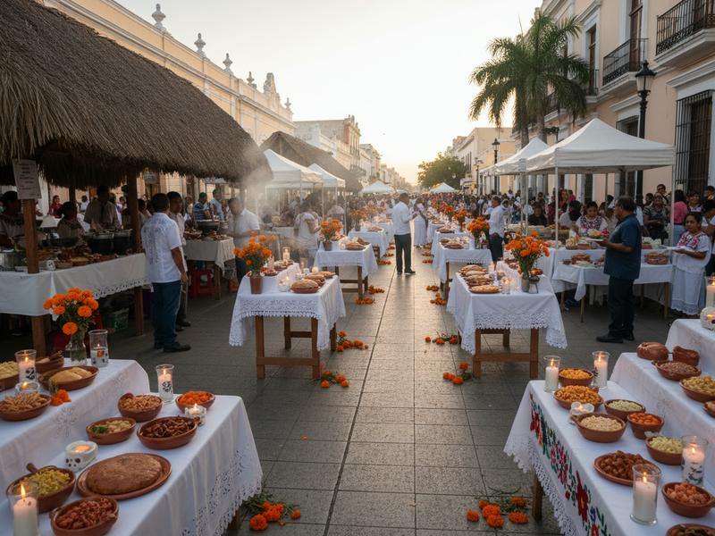 Hanal Pixán public altar and Yucatecan food stalls along the Mérida procession route