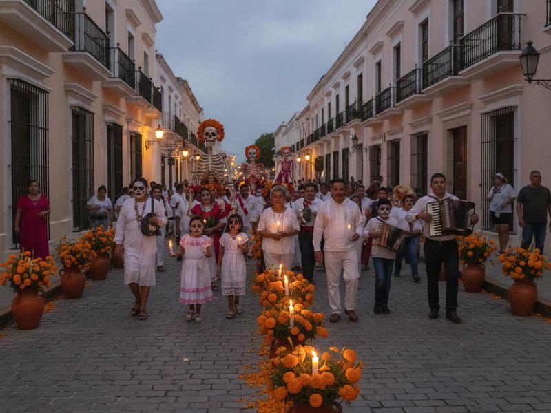 Families and performers joining the Paseo de las Ánimas in Mérida