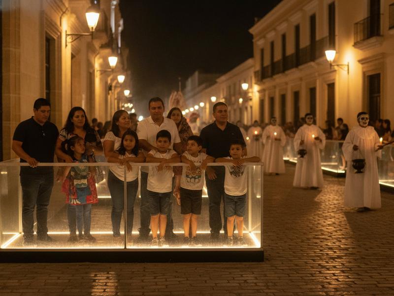 Families watching the Paseo de las Ánimas respectfully from the side of the route