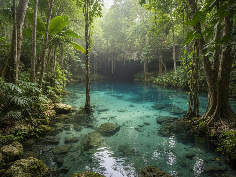 Clear cenote pool near Playa del Carmen with jungle plants