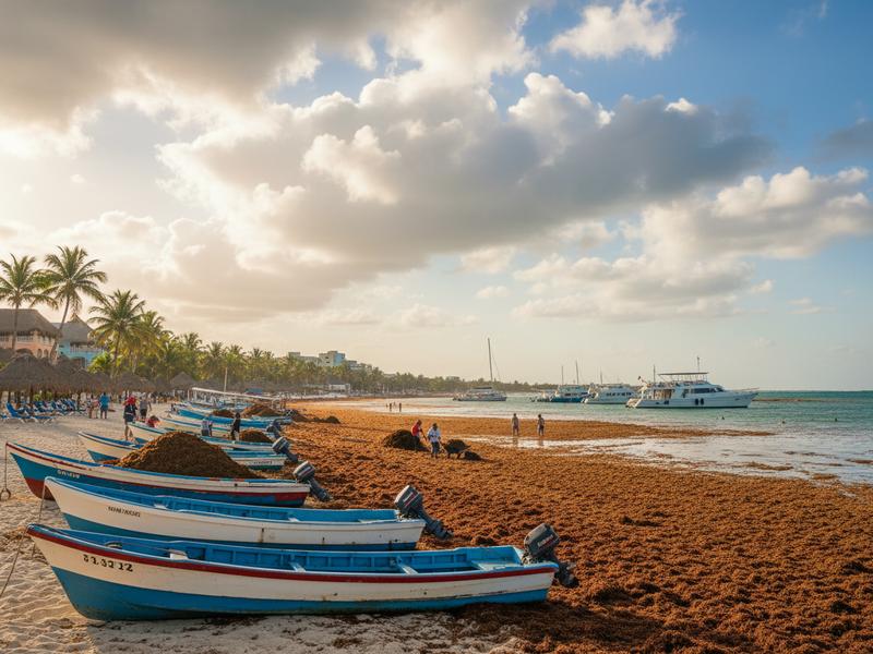 Central Playa del Carmen beach with boats and summer clouds