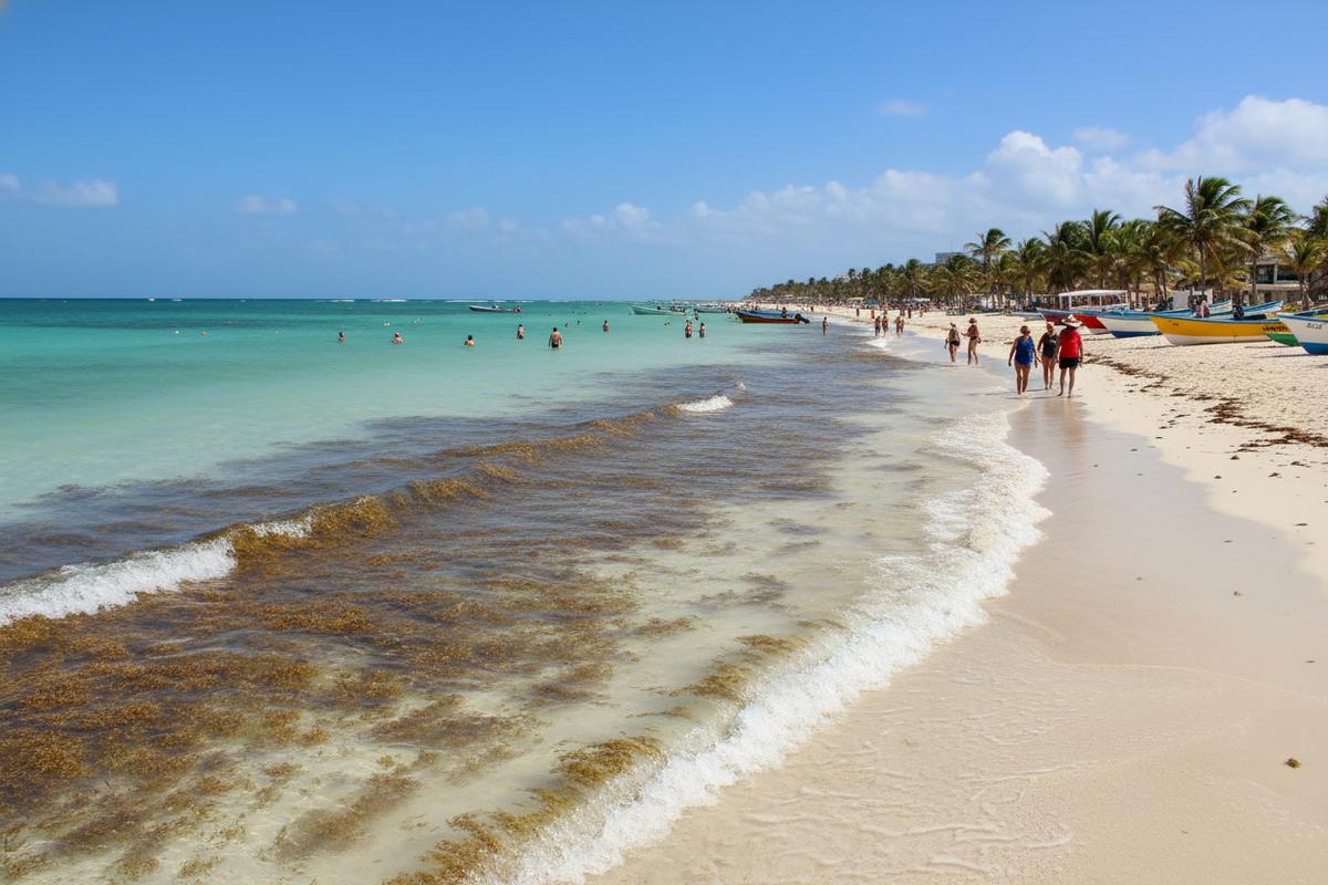 Playa del Carmen beach with turquoise water and light seaweed near the shore