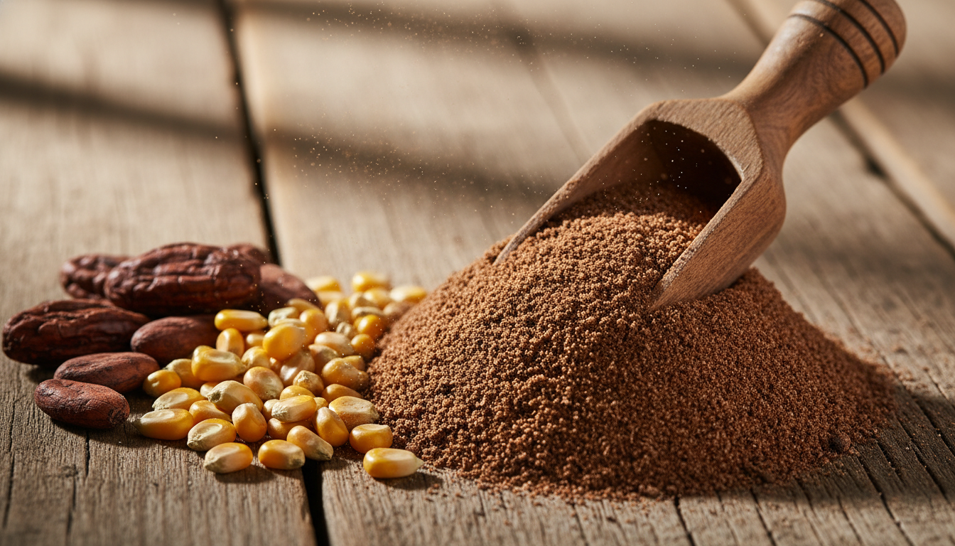 toasted corn and cacao powder ingredients showing gritty texture