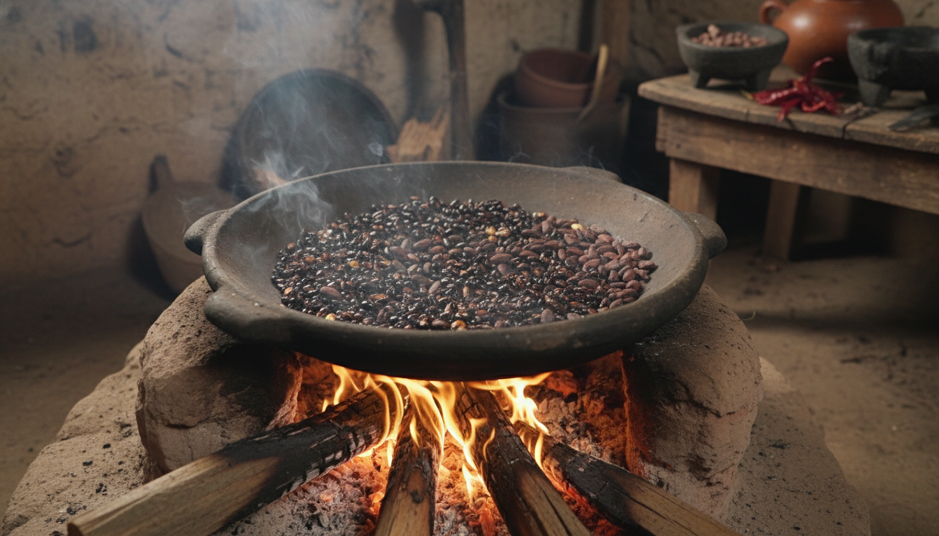 traditional dark roasting of corn on a clay comal