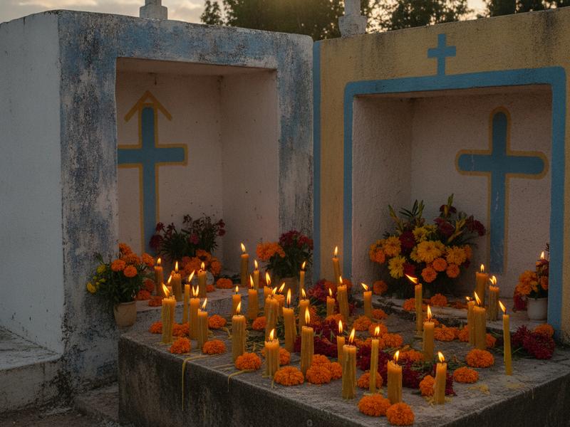 Flowers and candles glowing beside family niches in Pomuch during Janal Pixán