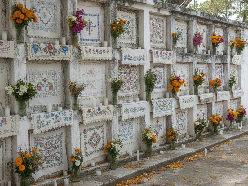 Rows of family ossuaries decorated for remembrance in the Pomuch cemetery