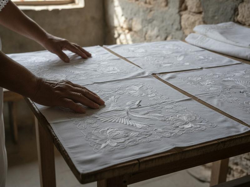 Hand-embroidered white cloths prepared for family ossuaries in Pomuch