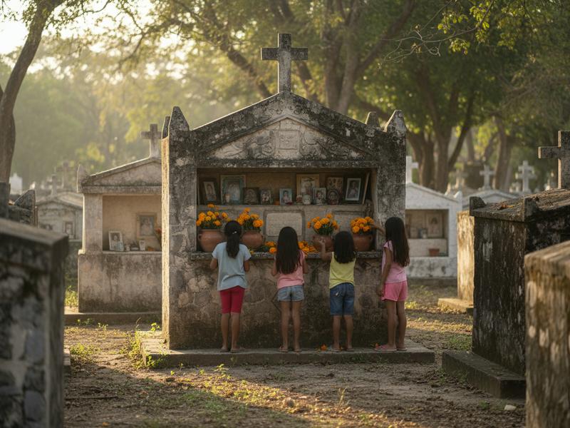 Family members arranging flowers at a Pomuch cemetery niche during remembrance season