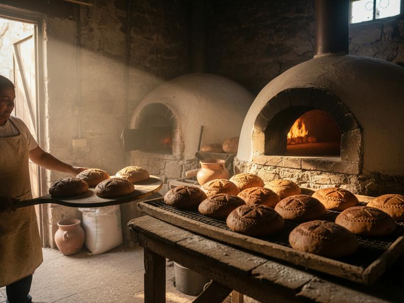 Traditional Pomuch bread cooling beside a stone and wood-fired oven