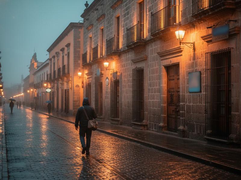 Friday evening arrival in Puebla historic center with light dinner and rainy season streets