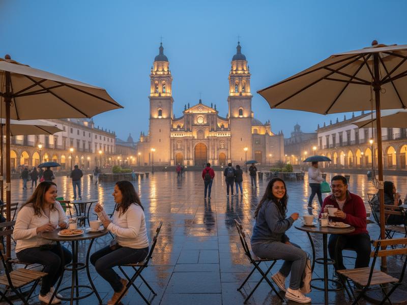 Puebla evening after chiles en nogada with cathedral lights, coffee, and a short walk