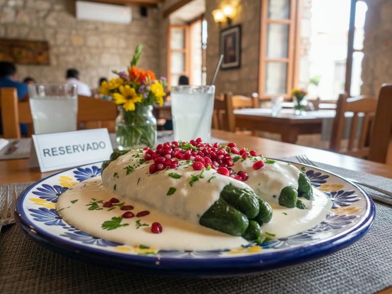 Reserved Saturday chiles en nogada lunch in Puebla with walnut sauce, pomegranate, and Talavera plate
