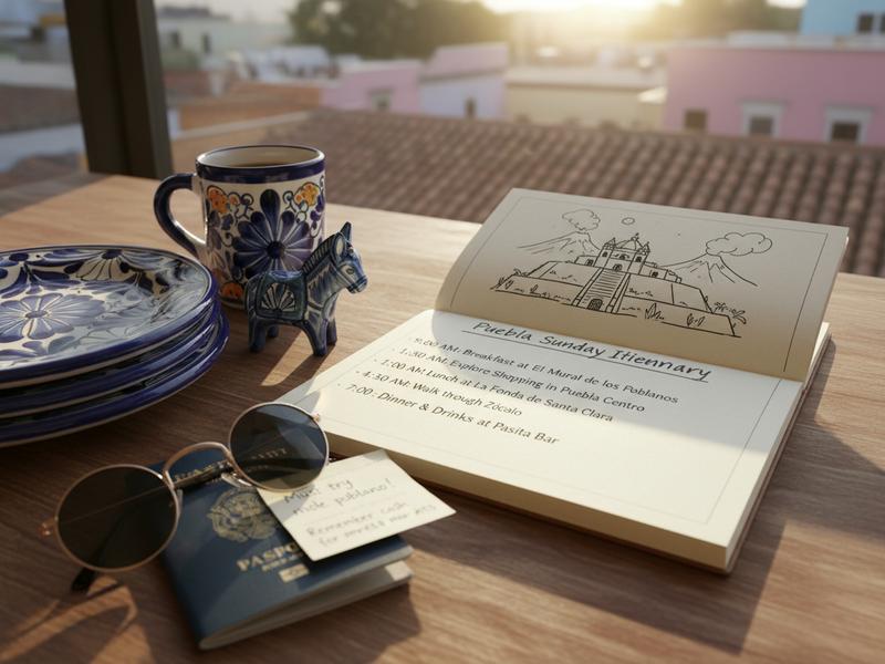 Cholula church view with Talavera ceramics and handwritten food notes on a table