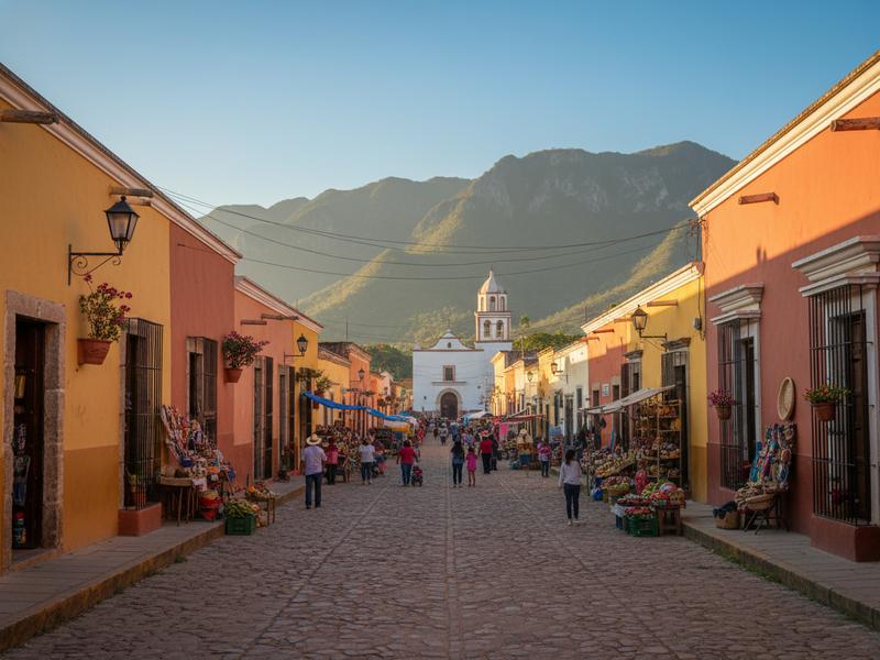 Main street of Tamasopo town with colorful buildings and church