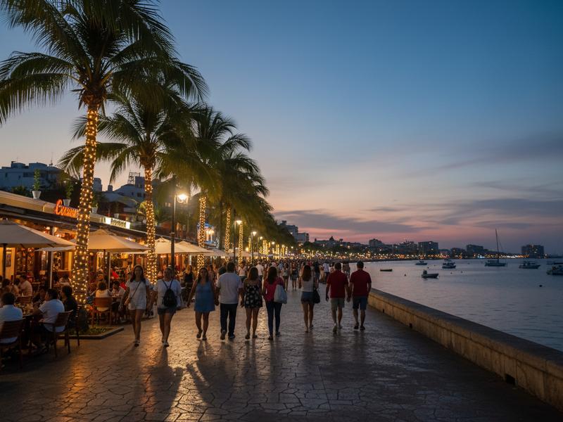 Puerto Vallarta Malecon with restaurants pedestrians and bay views at night