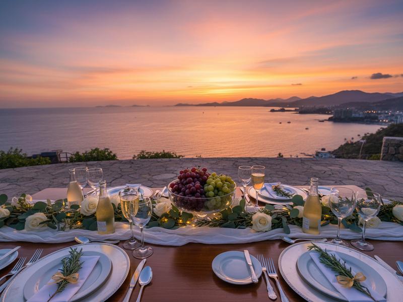 Outdoor New Year’s Eve dinner table overlooking Banderas Bay at sunset