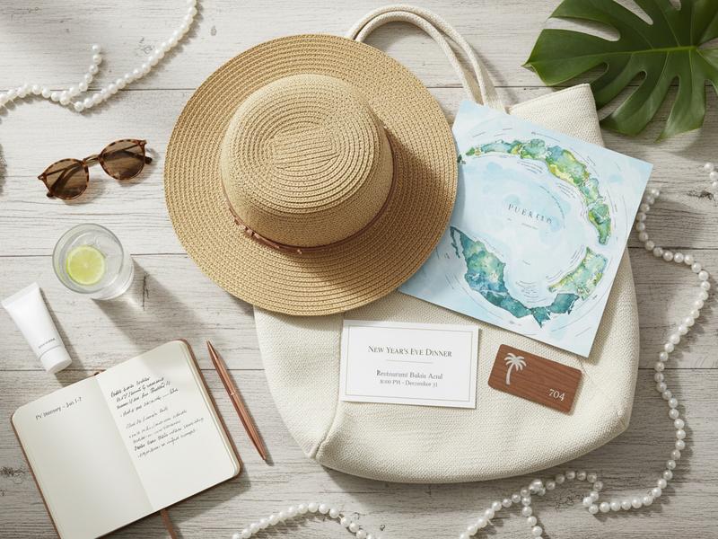 Puerto Vallarta beach hat dinner reservation and waterfront map for a New Year’s itinerary
