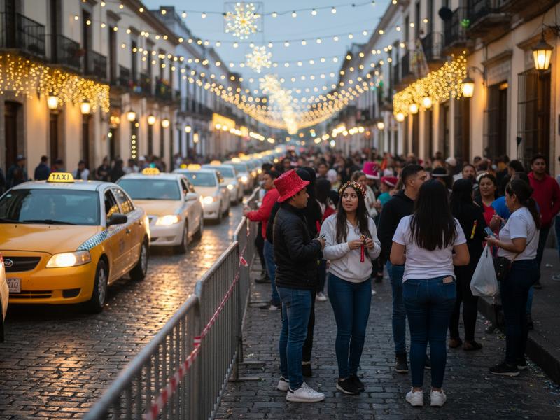 Pedestrians and taxis near a closed central Puerto Vallarta street on New Year’s Eve