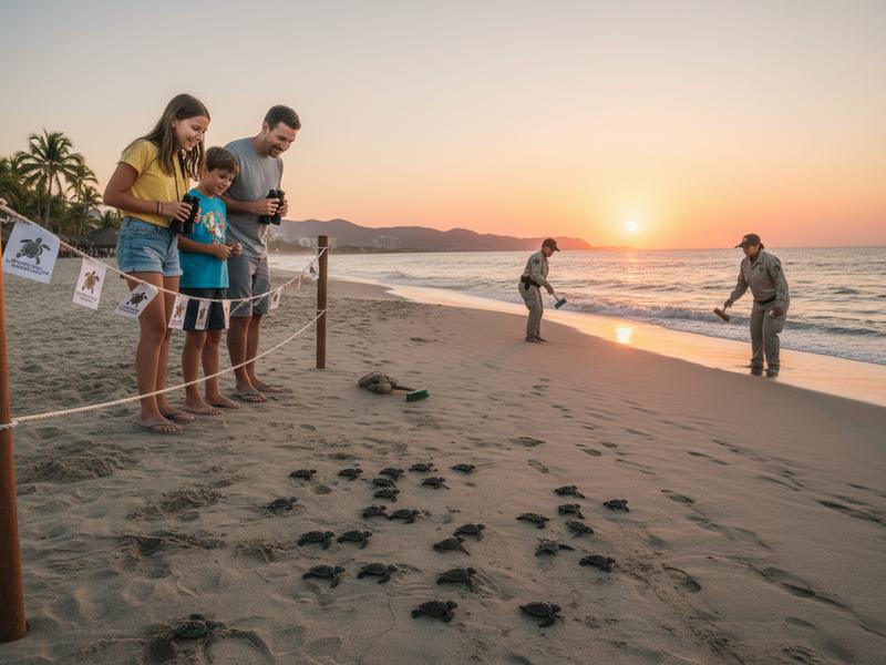 Family watching baby turtles from a respectful distance on Puerto Vallarta beach