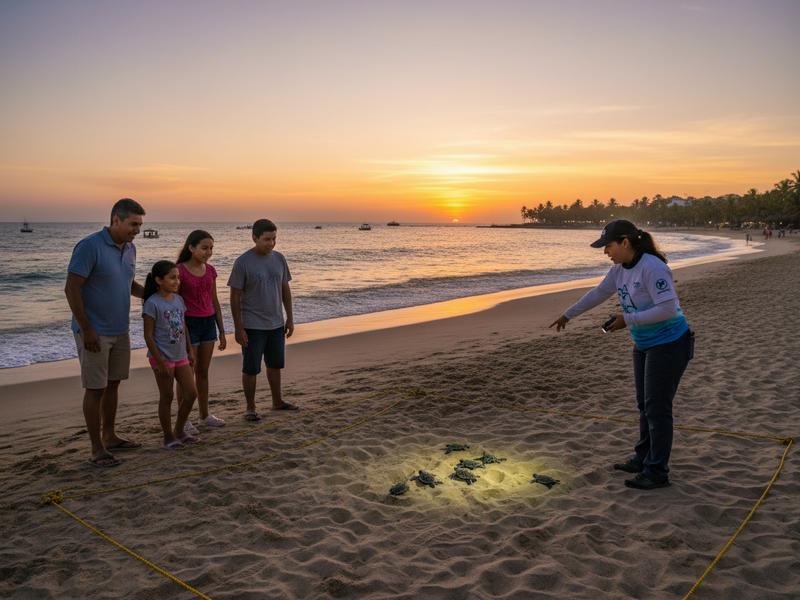 Family listening to a conservation staff member on the sand at dusk