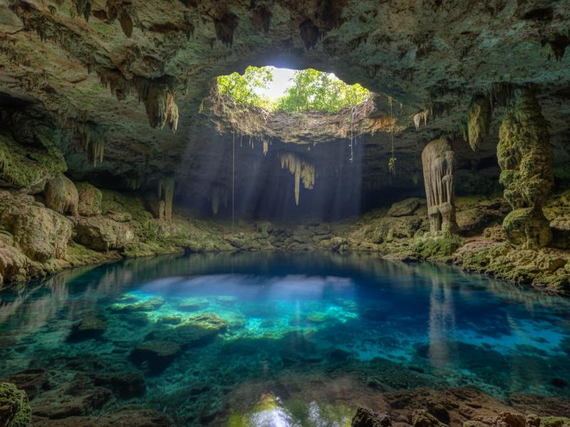 Semi-open cenote with a dramatic beam of sunlight piercing through the cave ceiling onto turquoise water below