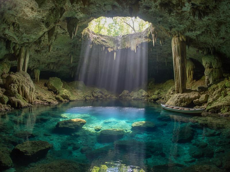 Wooden pathway through lush jungle leading to a cenote entrance, with tropical vegetation on both sides